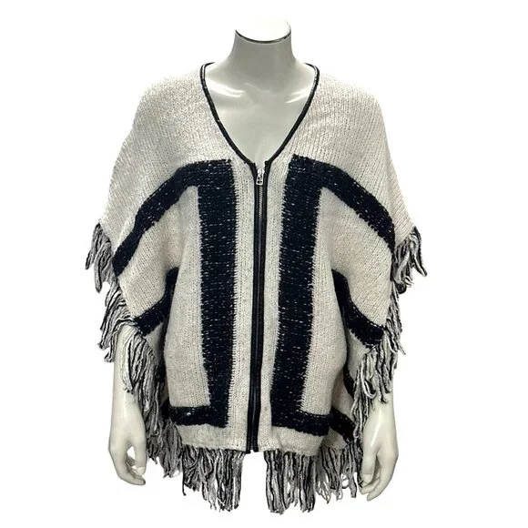 CCC Handcrafted Luxury Black White Poncho Geometric Design Fringe Knit Zip Up OS - Picture 1 of 9